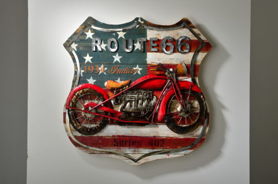 Route 66 – Öl auf Metall 100x100 cm | 3D Industrial Wandbild im Vintage Motorrad Stil