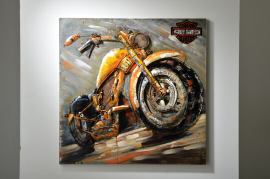 Harley – Öl auf Metall 100x100 cm | 3D Motorrad Wandbild im Industrial Style