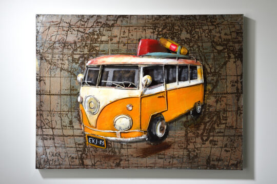 Bully Gelb – Öl auf Metall 60x80 cm | Vintage Bus Wandbild im Industrial Stil